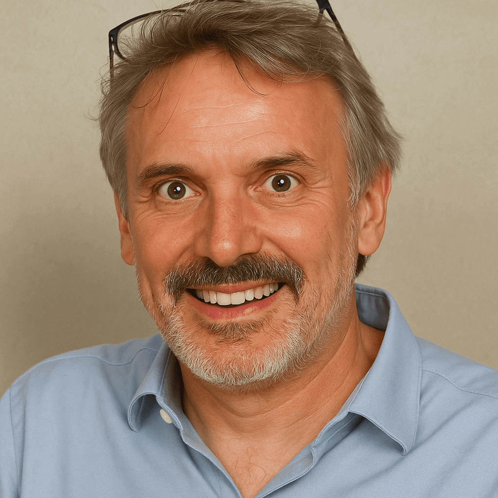Man smiling with glasses on head.