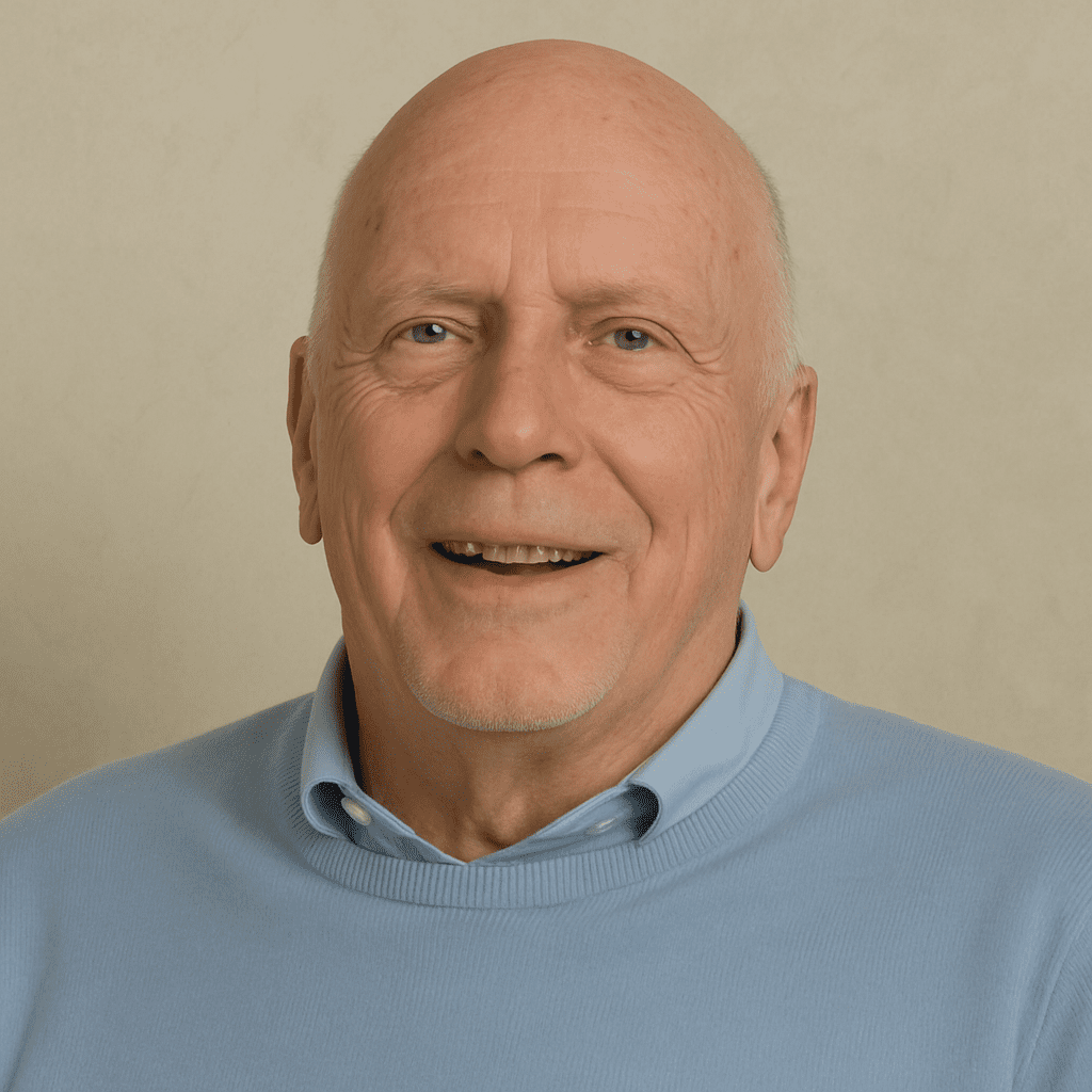 Smiling man in a light blue sweater.