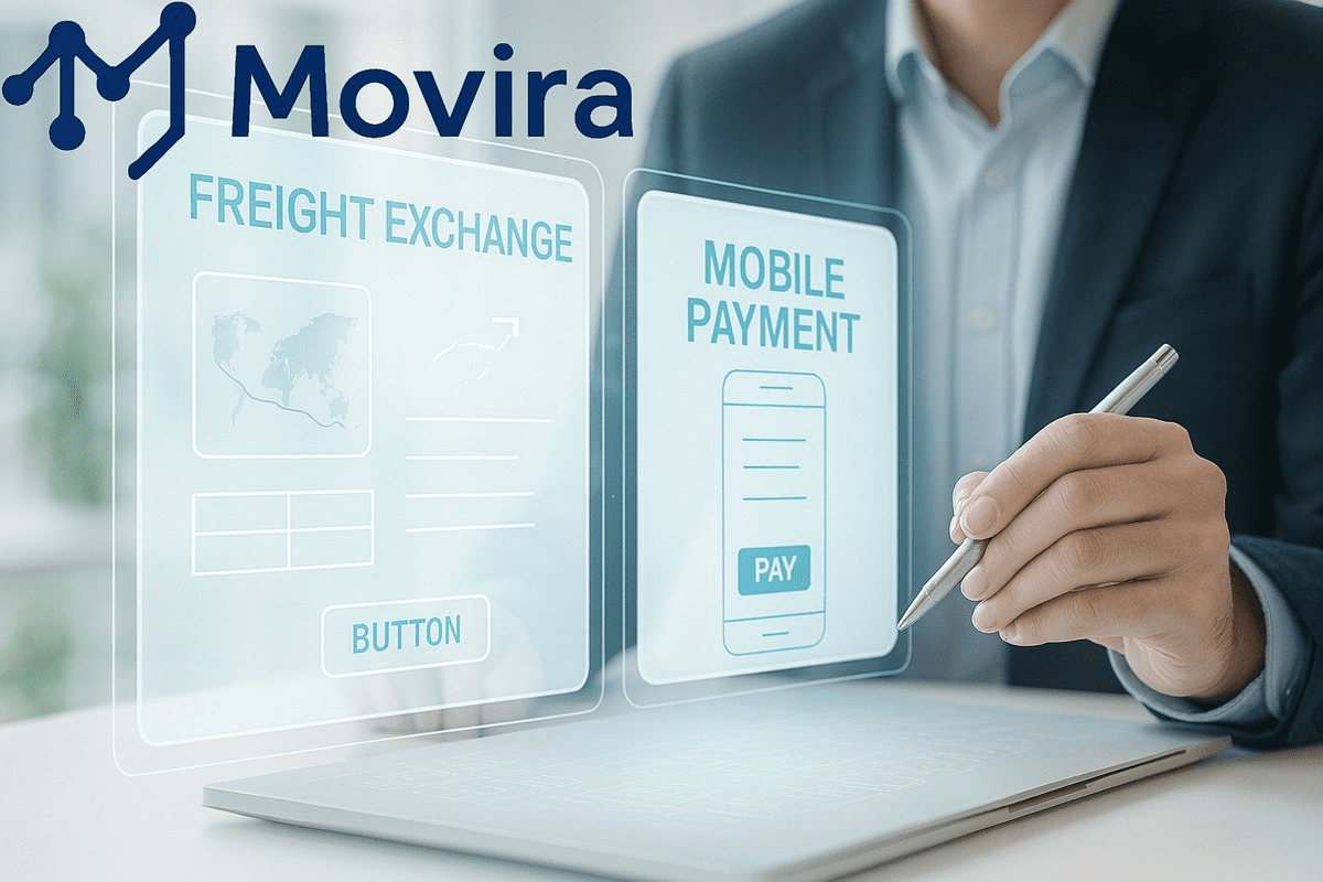 Businessman interacting with digital freight exchange interface.