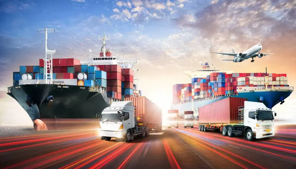 Ships, trucks, airplane transporting shipping containers.